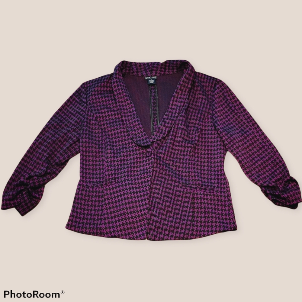 Purple and Black Plaid Cropped Sleeve Blazer